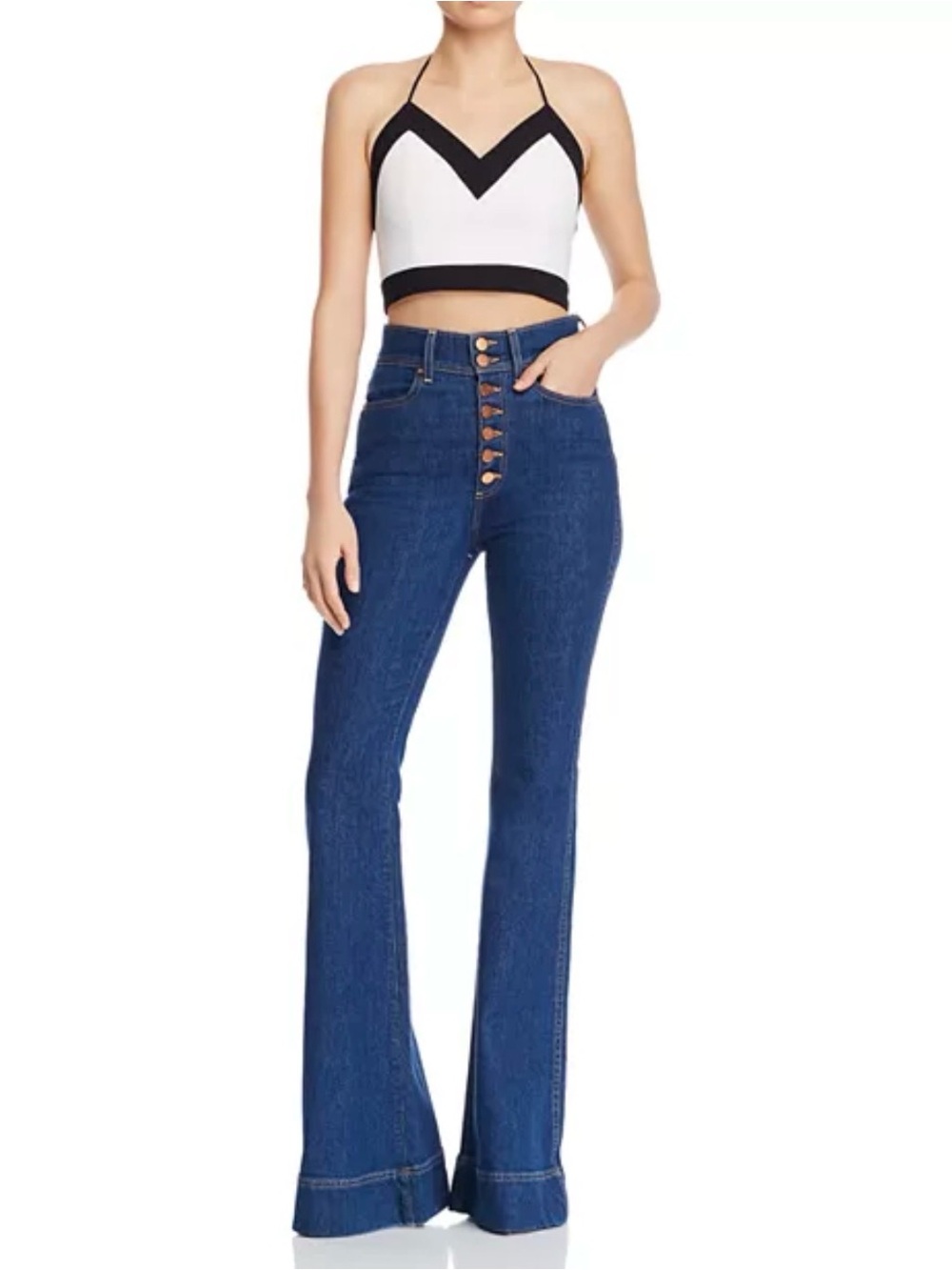 Alice + Olivia High-Rise Exposed Button Fly Bell Flare Jeans Blue